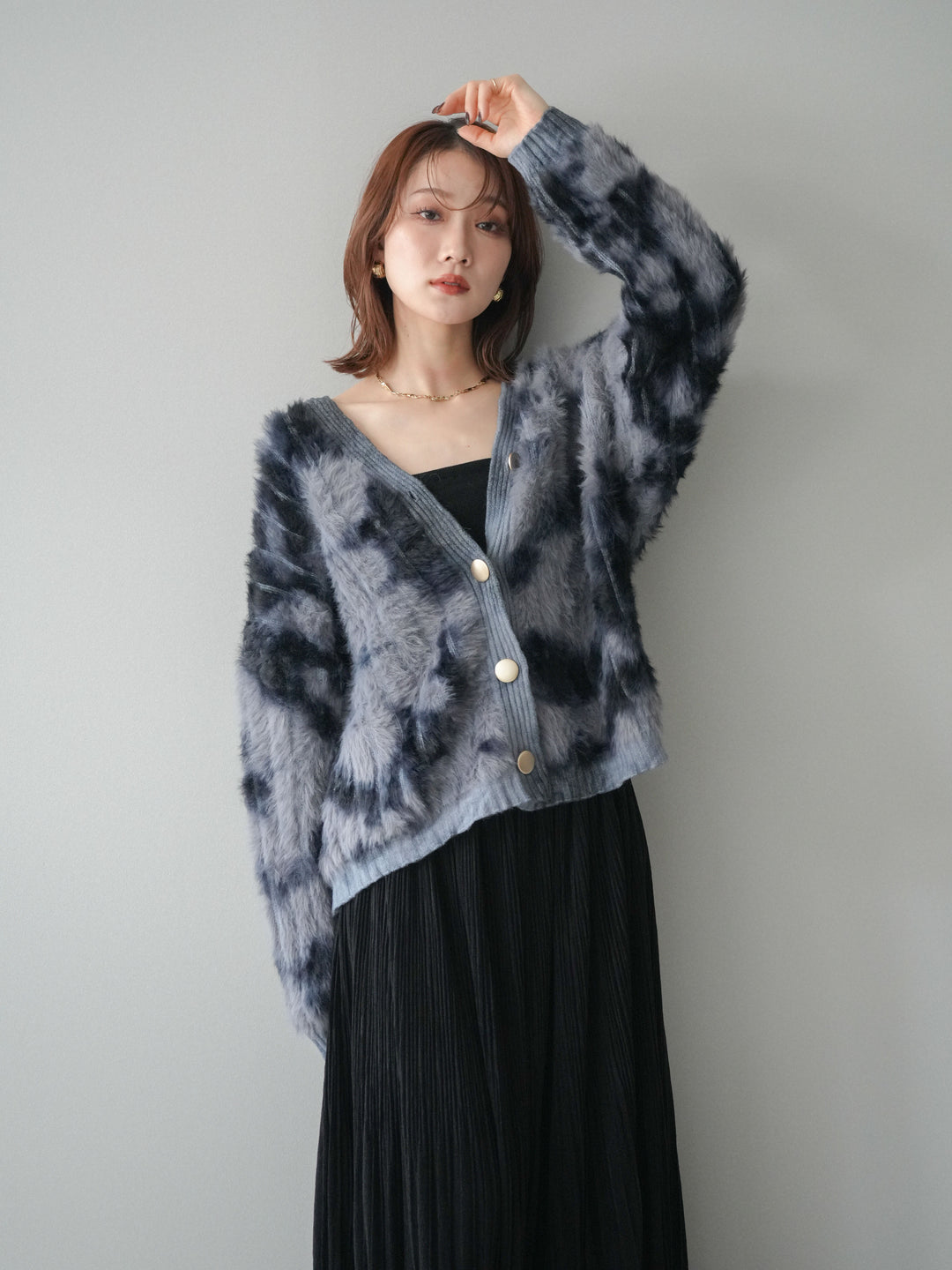 [予約]ニュアンス柄シャギーニットカーディガン/gray