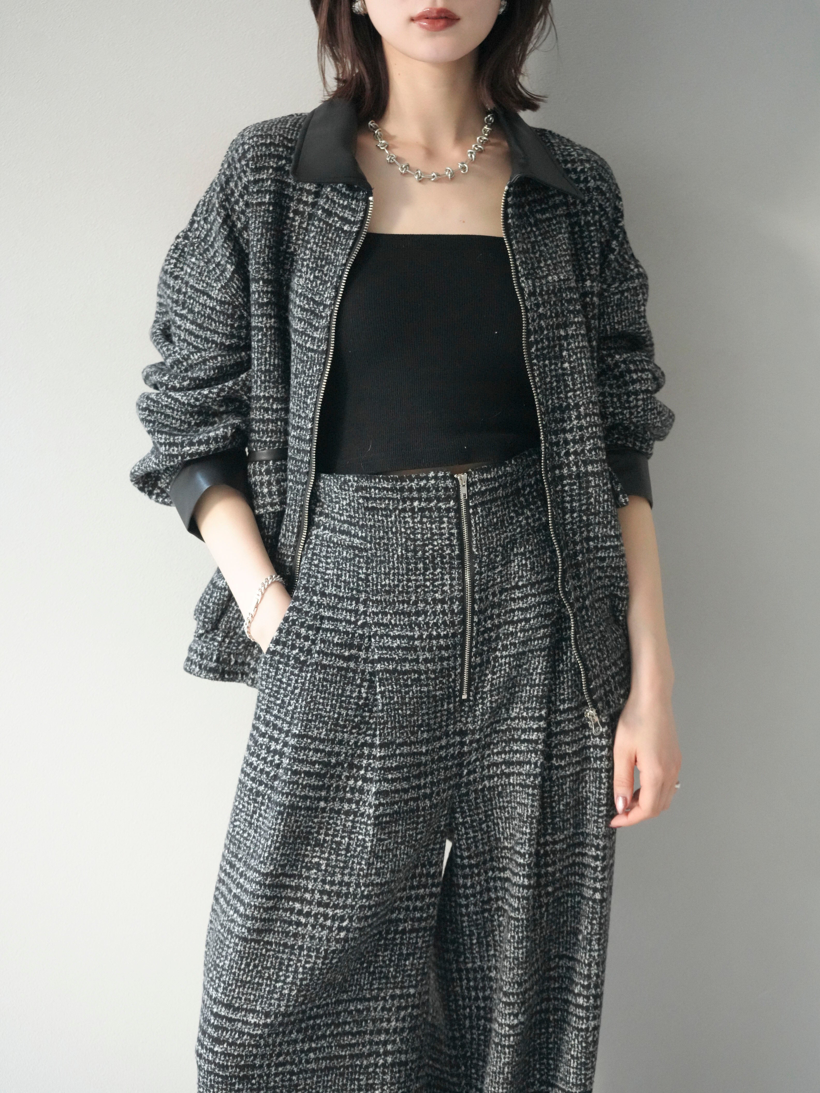 30%OFF]レザー襟ミックスツイードジャケット/black – Lumier