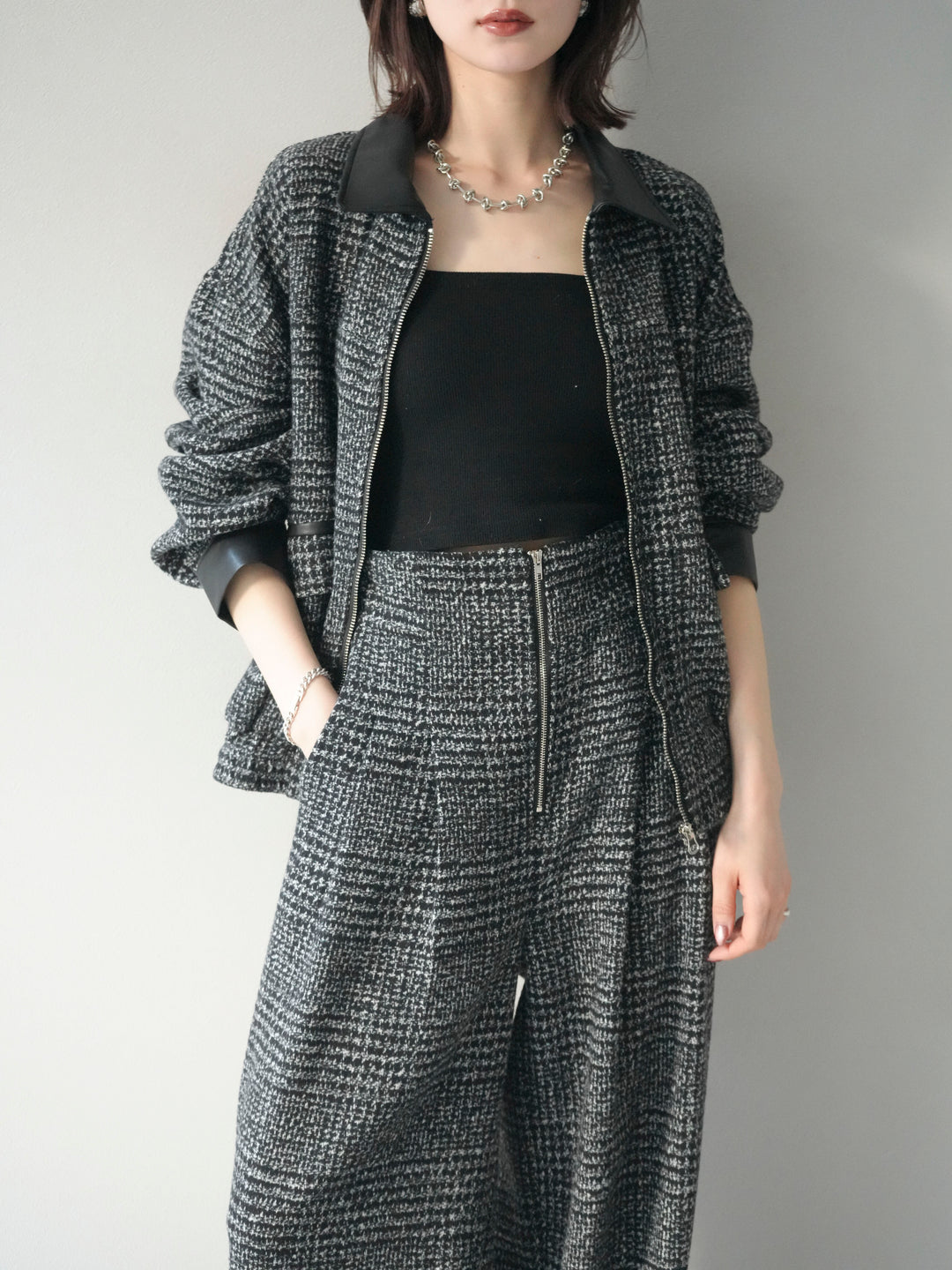 [予約]レザー襟ミックスツイードジャケット/black