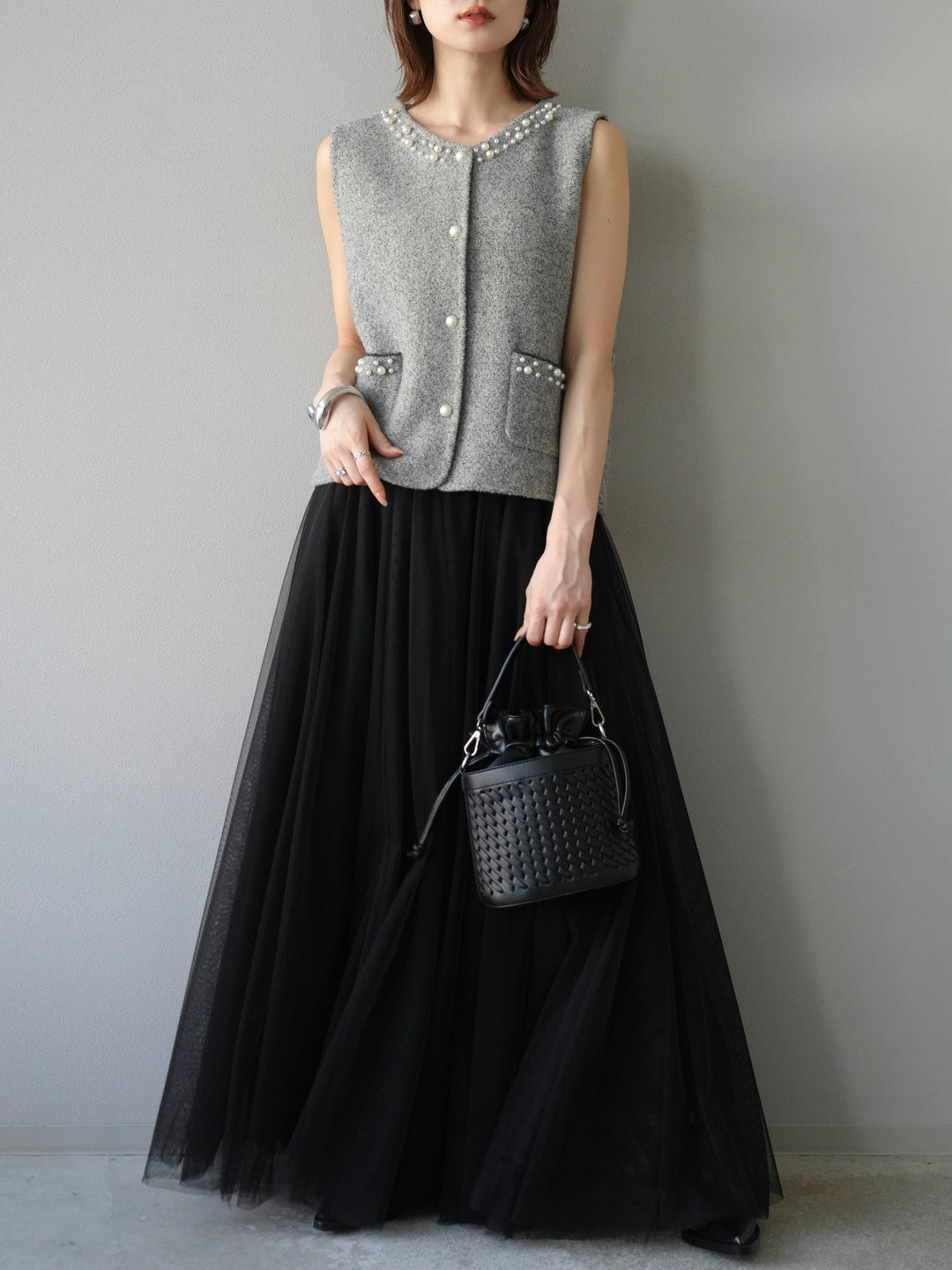 [予約]パールデザインツイードライクニットベスト/グレー