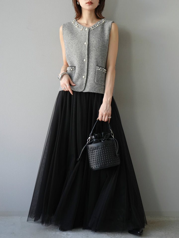 [予約]パールデザインツイードライクニットベスト/グレー