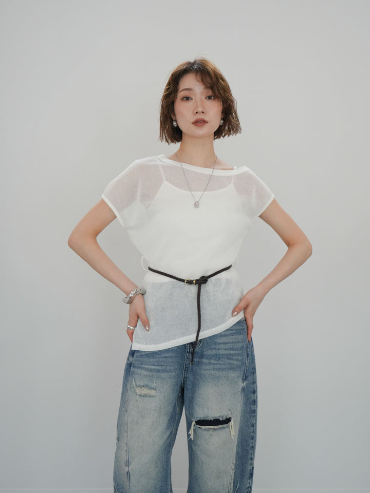 [予約]ベルト付アシメシアーニットトップス/white