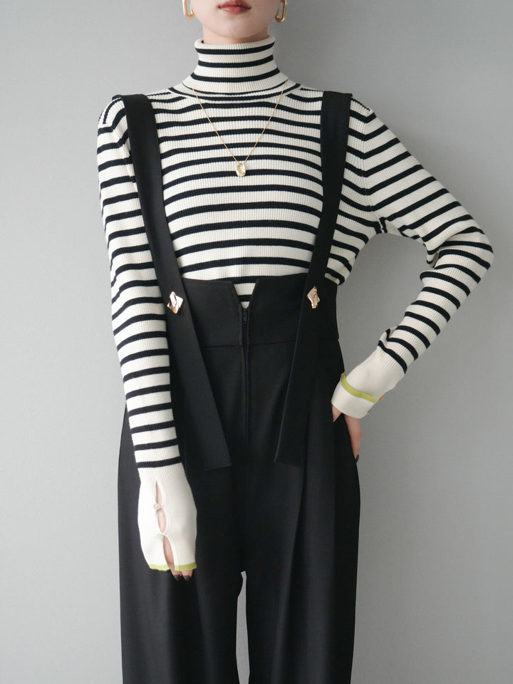 [SET]袖配色ハイネックボーダーリブニットトップス+袖配色ハイネックボーダーリブニットトップス(2set)