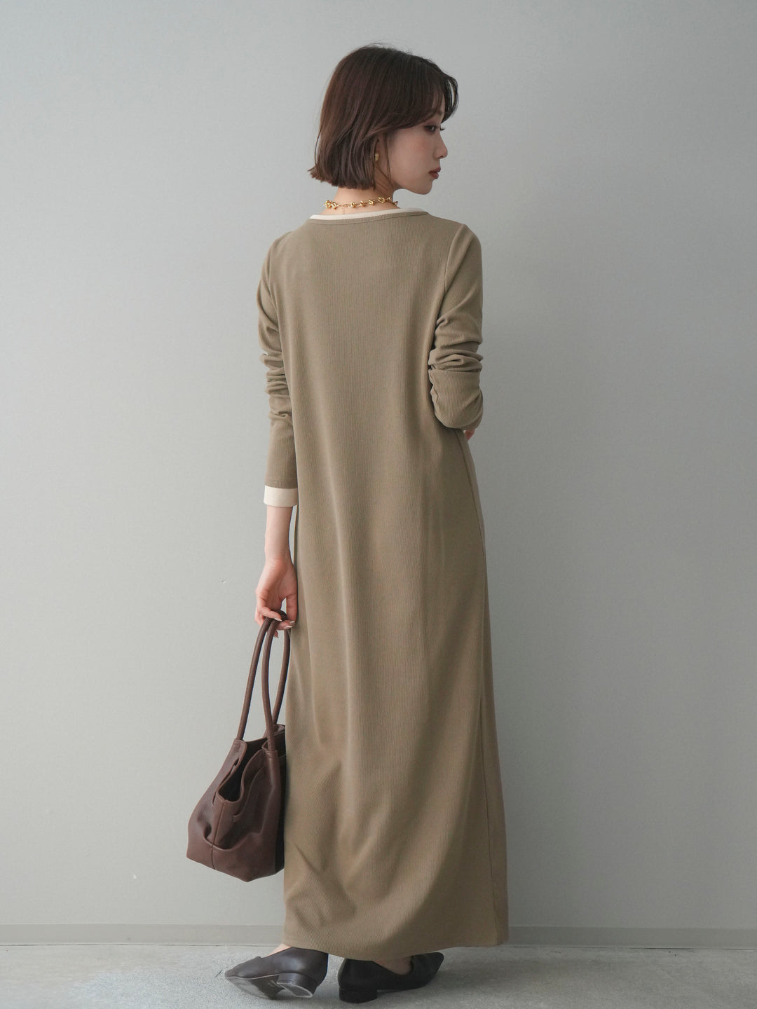 [予約]配色レイヤードヘンリーネックカットリブワンピース/mocha