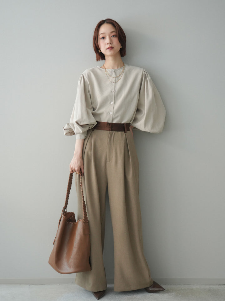 [予約]サテンベルトタックワイドパンツ/beige