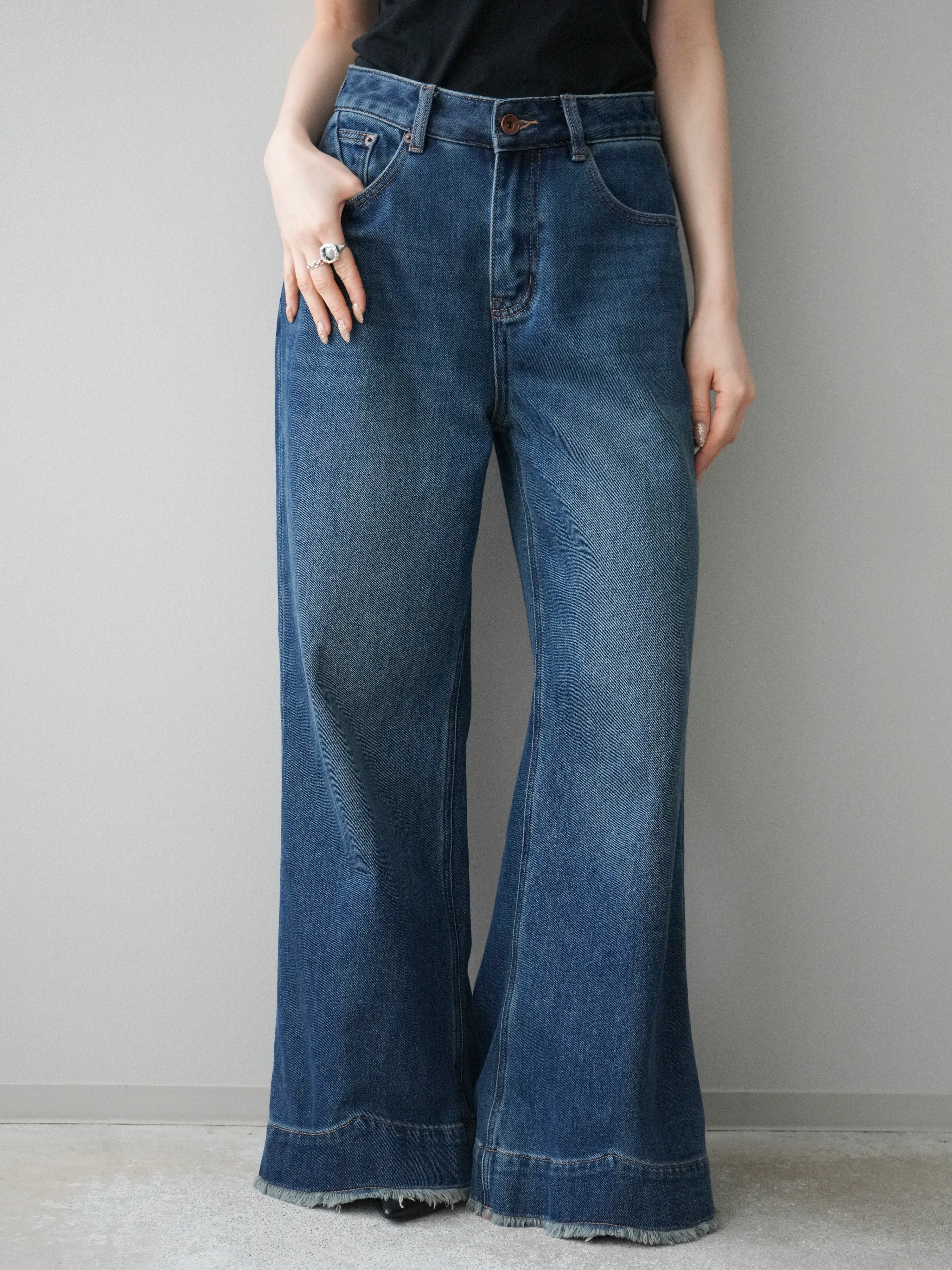 予約]裏起毛裾フリンジワイドデニムパンツ/darkblue – Lumier