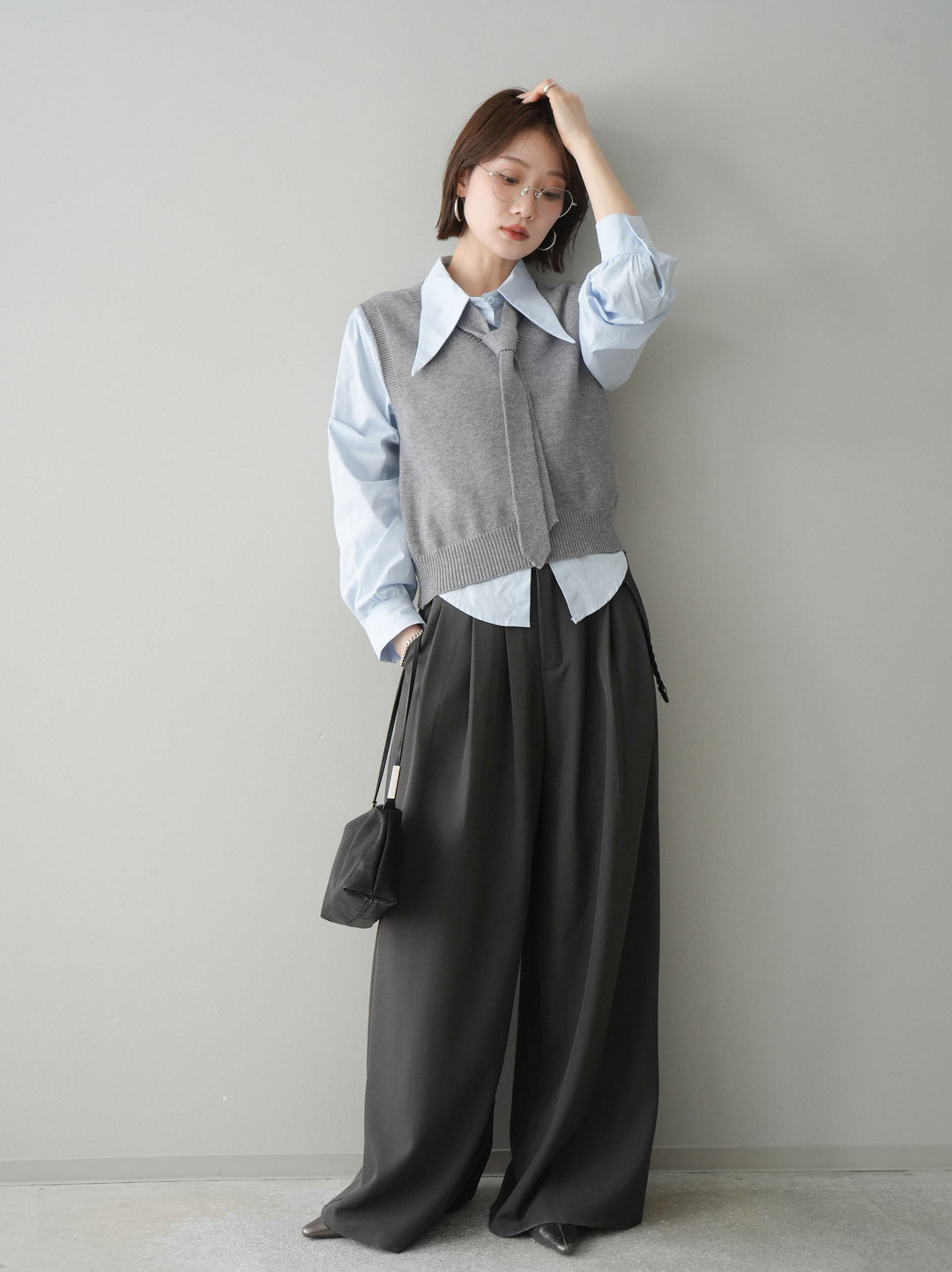 [予約]編み込みベルト付タックワイドパンツ/gray