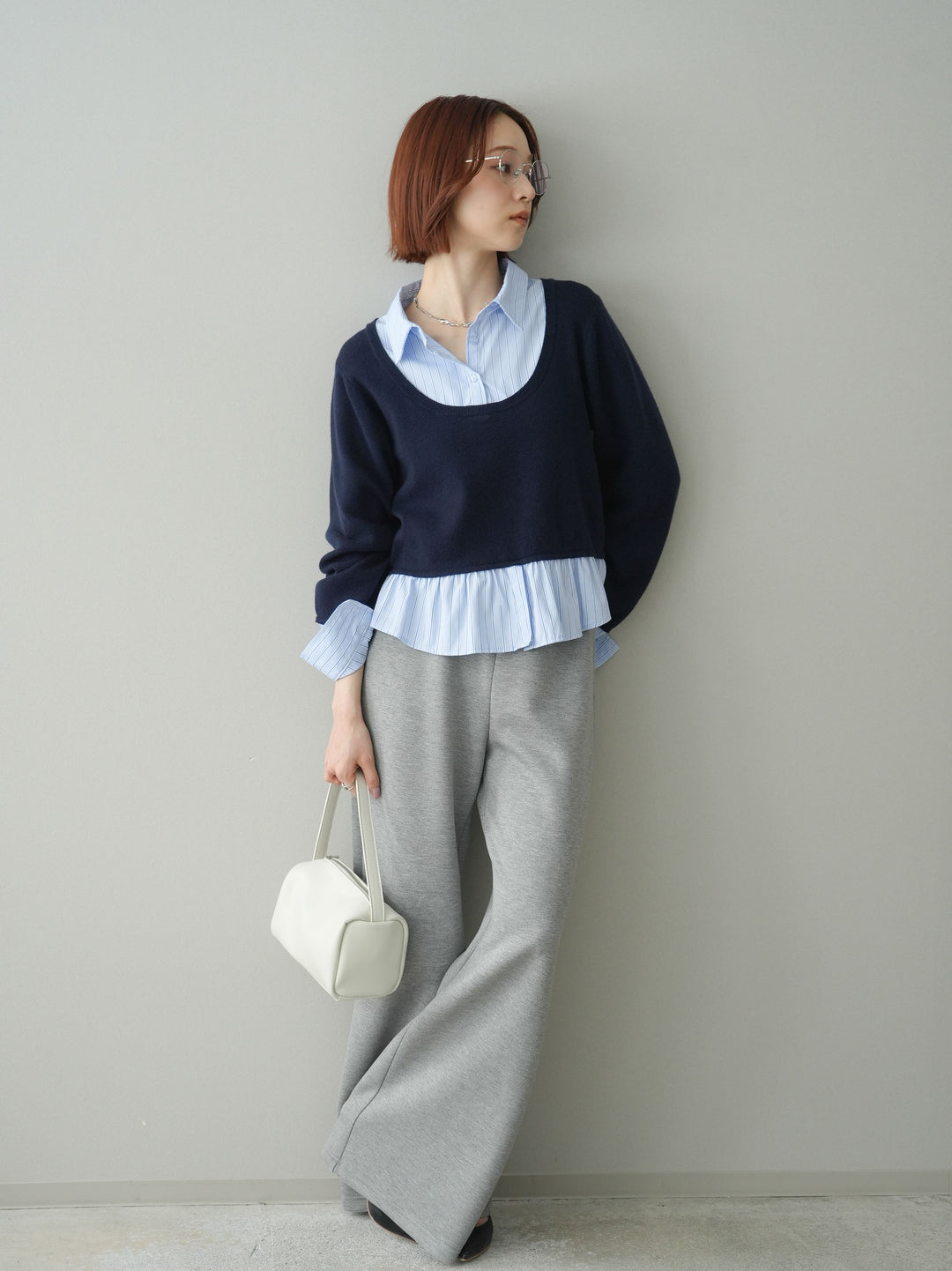[SET]ストライプシャツUネックドッキングニットプルオーバー+イージーポンチワイドパンツ(2set)
