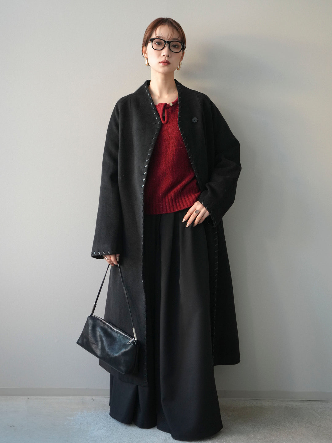 [SET]ハンドステッチ裏中綿ロングコート+ツイストネックラメネップヤーンニットプルオーバー+テープベルトタックバギーパンツ(3set)