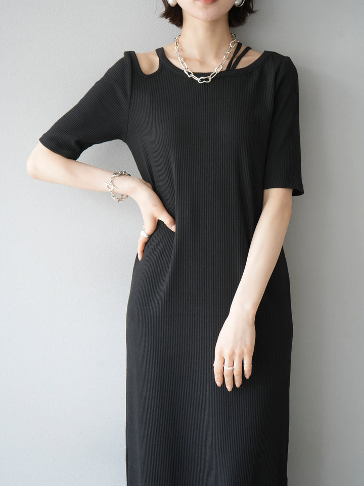 [SET] Design neck half sleeve cut rib dress + cut out rib half sleeve dress (2set)