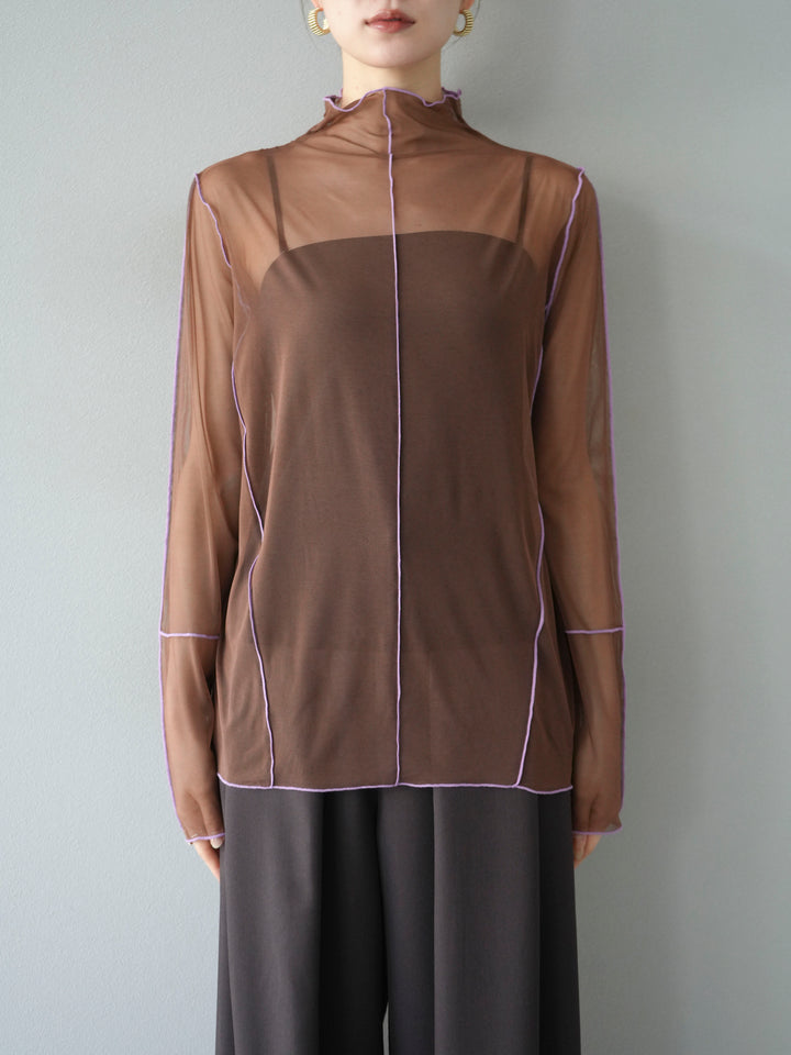 [予約]シアーパイピングカットソー/ダークブラウン×ラベンダー