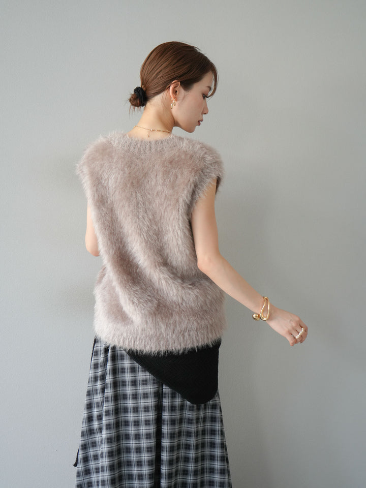 【預購】Lame Shaggy V領針織背心/灰米色