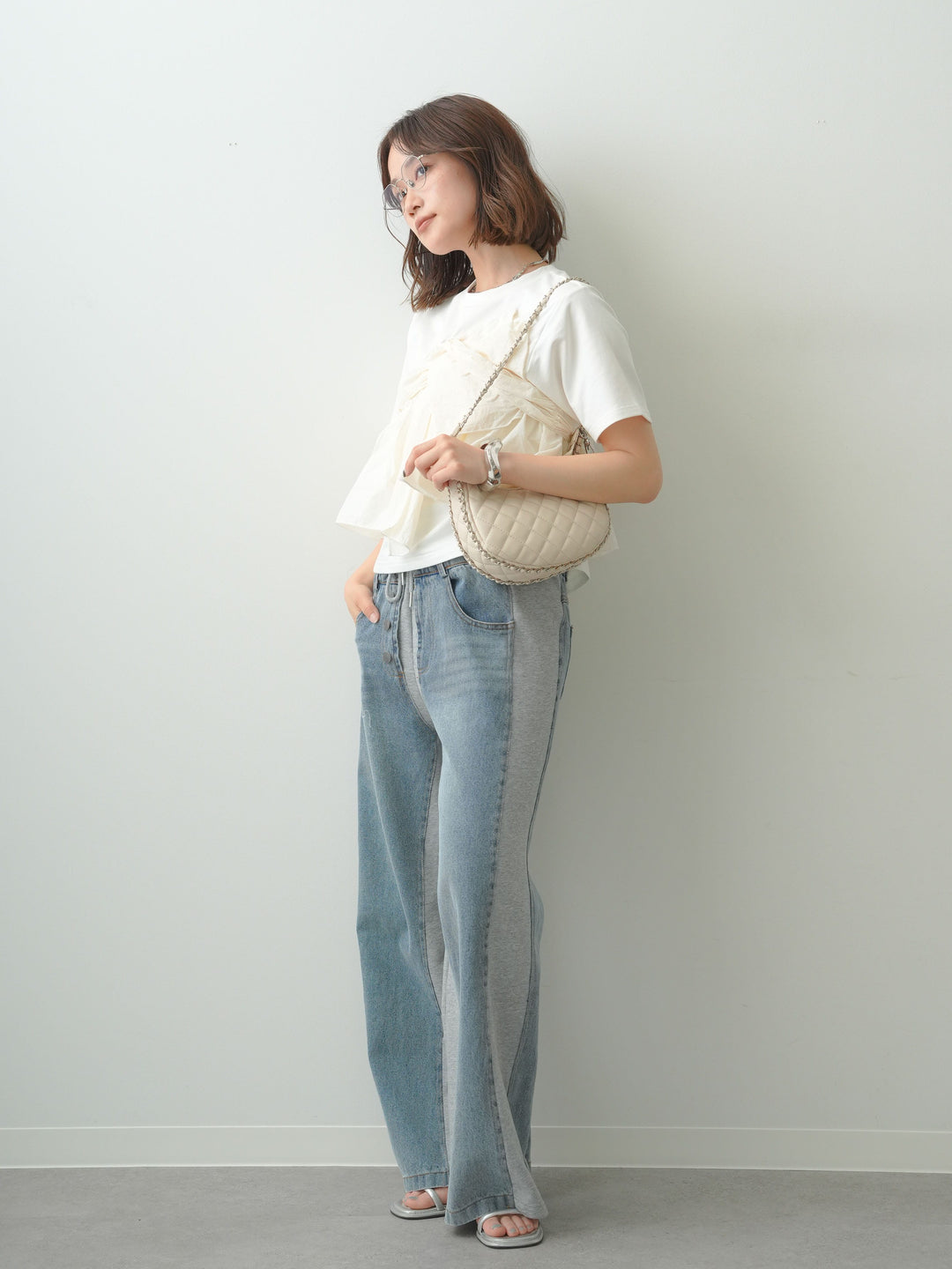 [SET]ナイロンドッキングツイストTEE +デニム切替スウェットパンツ(2set)