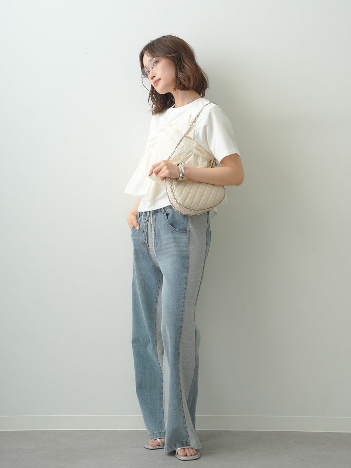 [SET]ナイロンドッキングツイストTEE +デニム切替スウェットパンツ(2set)