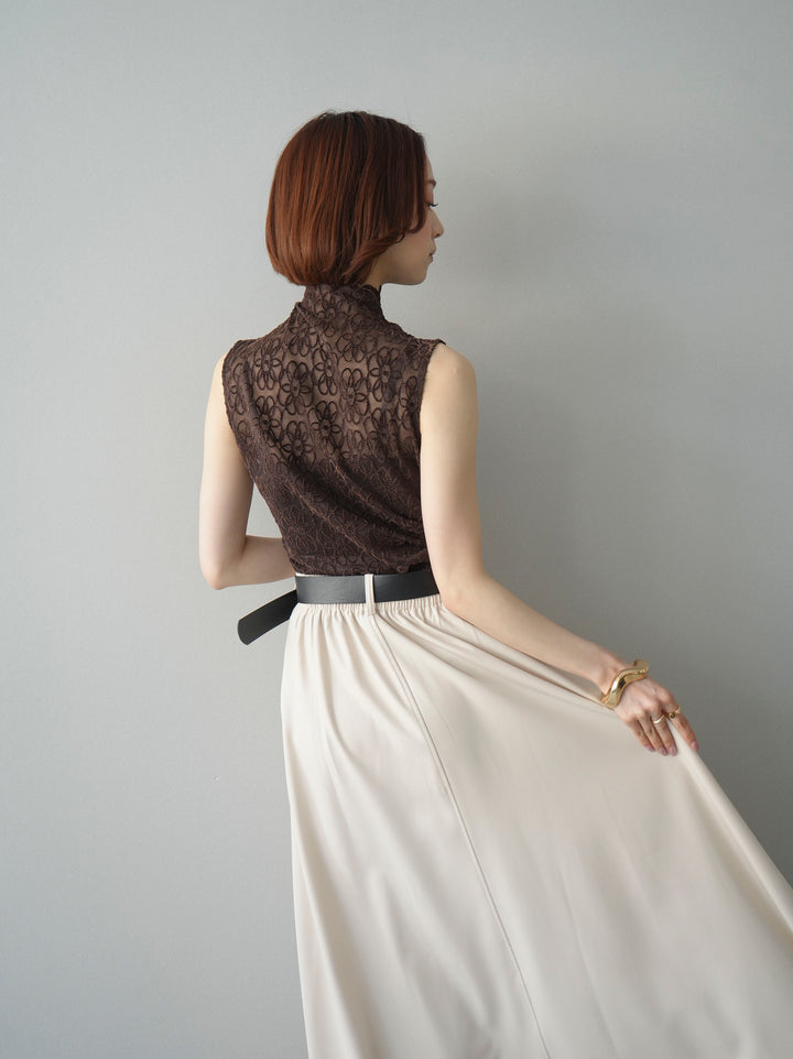 [予約]ノースリーブプチネックフラワージャガードトップス/brown