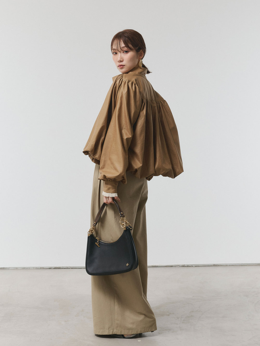 【Allure】[SET]フラワーレーストップス+ベルト付ダブルループワイドパンツ+ベルト付バルーンレザーブルゾン(3set)