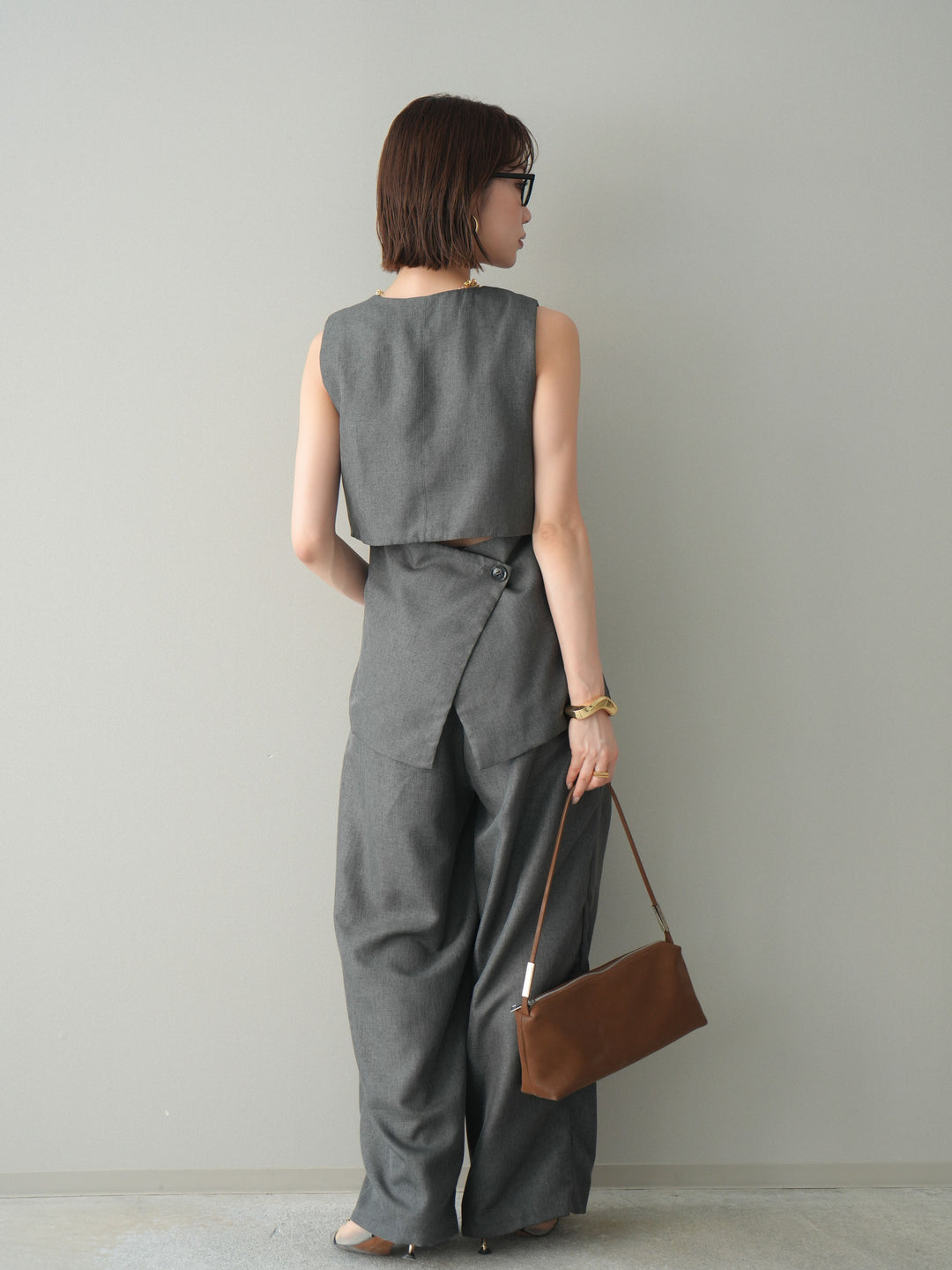 [予約]リネンライクタックワイドパンツ/charcoal