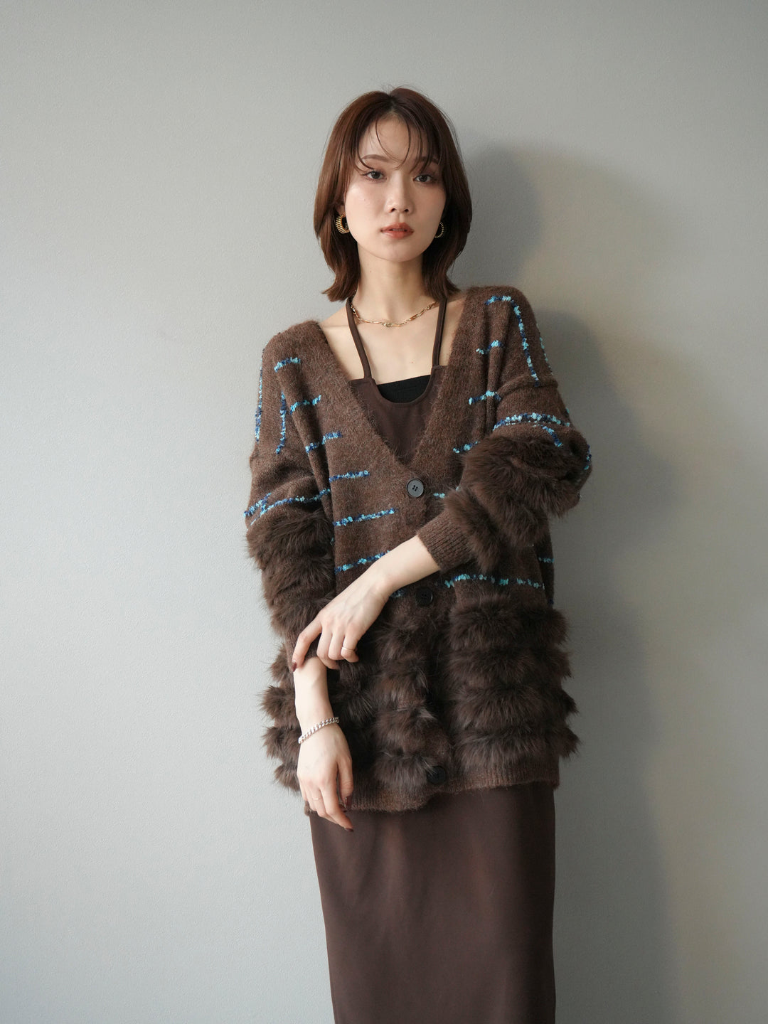 [予約]フェザーライン配色シャギーニットカーディガン/ブラウン