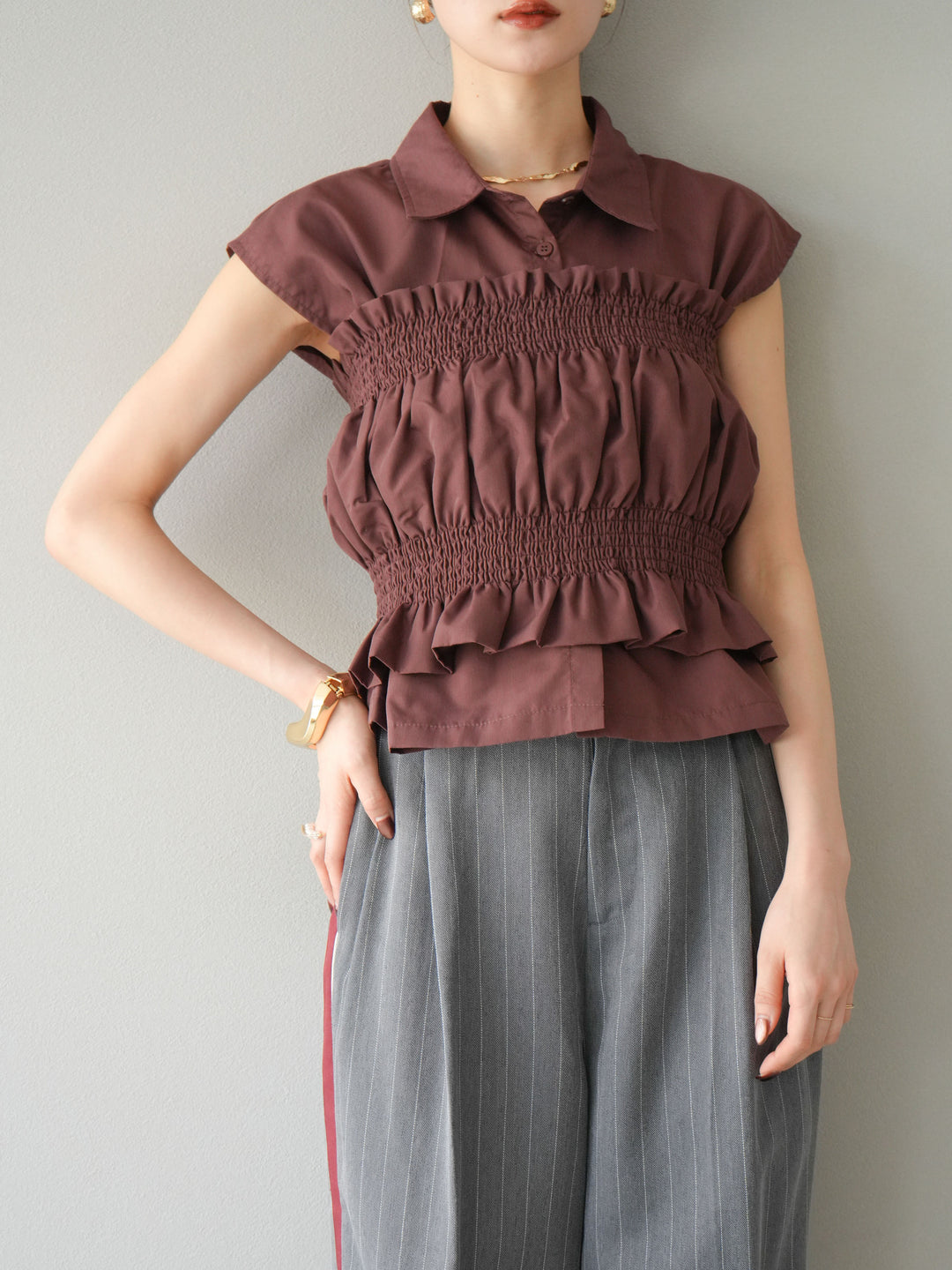 [予約]ブロードシャーリングビスチェ＆ノースリブラウスSET /ブラウン