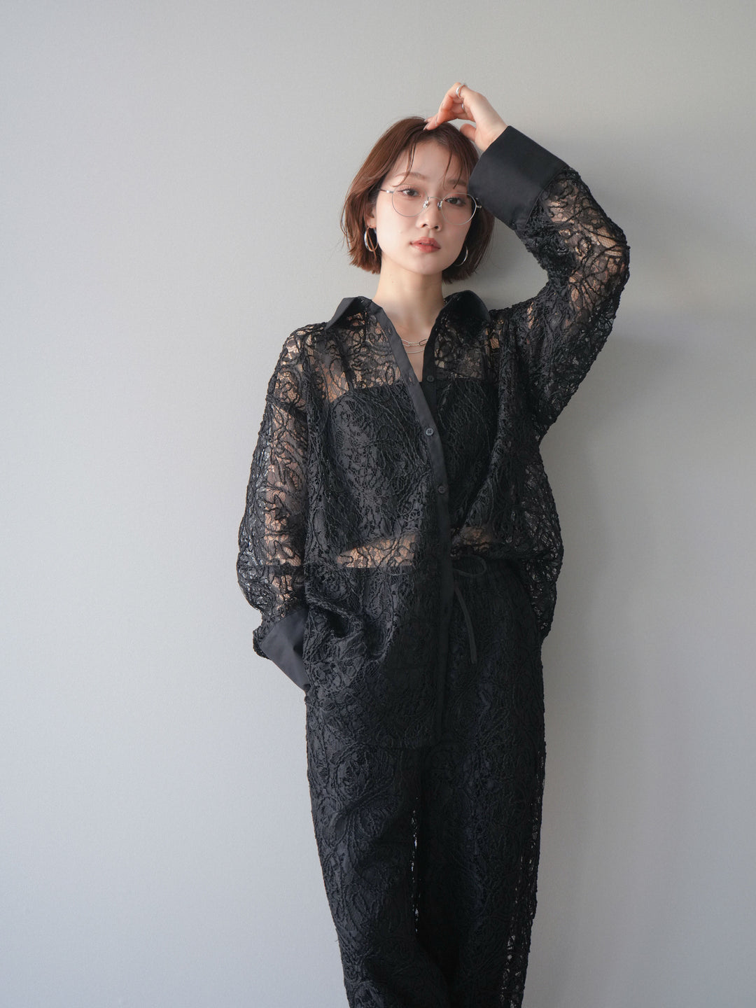 [SET]シアーコードレースオーバーシャツ+シアーコードレースイージーパンツ(2set)