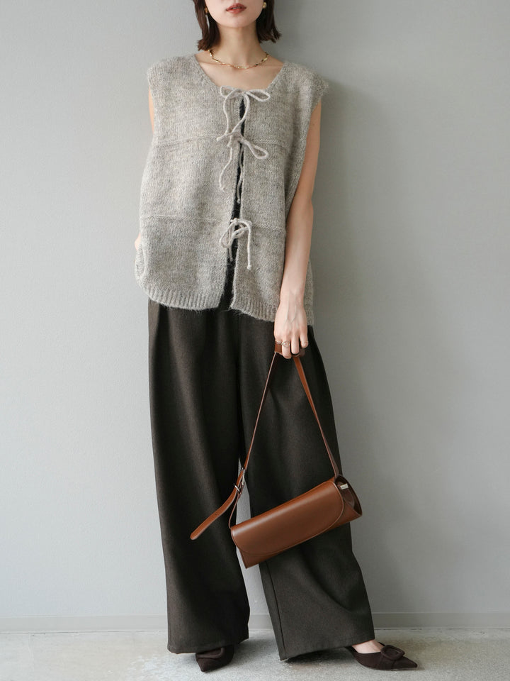 [予約]レザーパイピングタックワイドパンツ/ブラウン