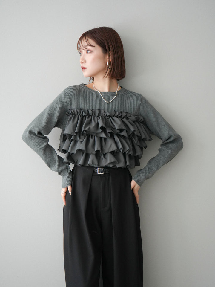 [SET]フリルビスチェドッキングスポンジニットプルオーバー+ベルトループデザインワイドパンツ(2set)