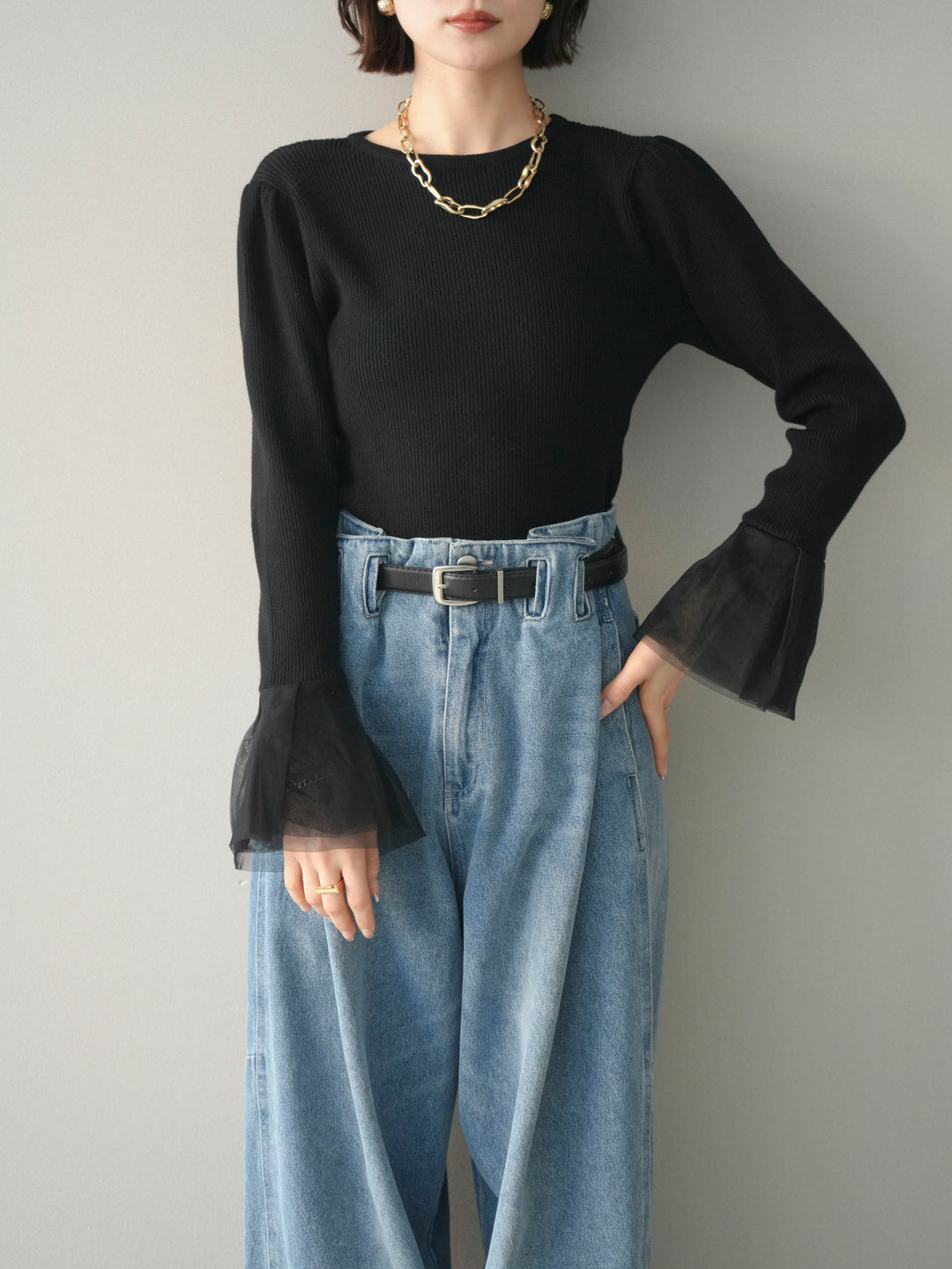 [SET]袖チュールパワショルリブニットトップス+選べるアクセセット(2set)