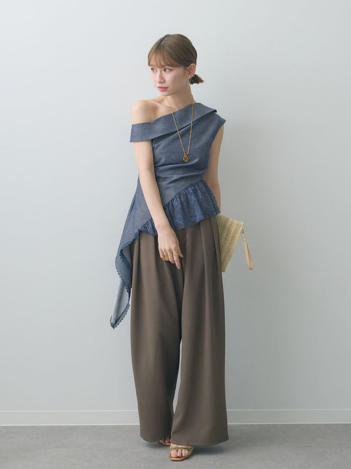 [SET]アシンメトリーラッフルレースヘムトップス+クレープデシンタックワイドパンツ(2set)