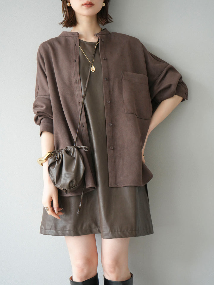 [SET] 麂皮立領外套襯衫 + 附單肩包皮革迷你連身裙（2 套）