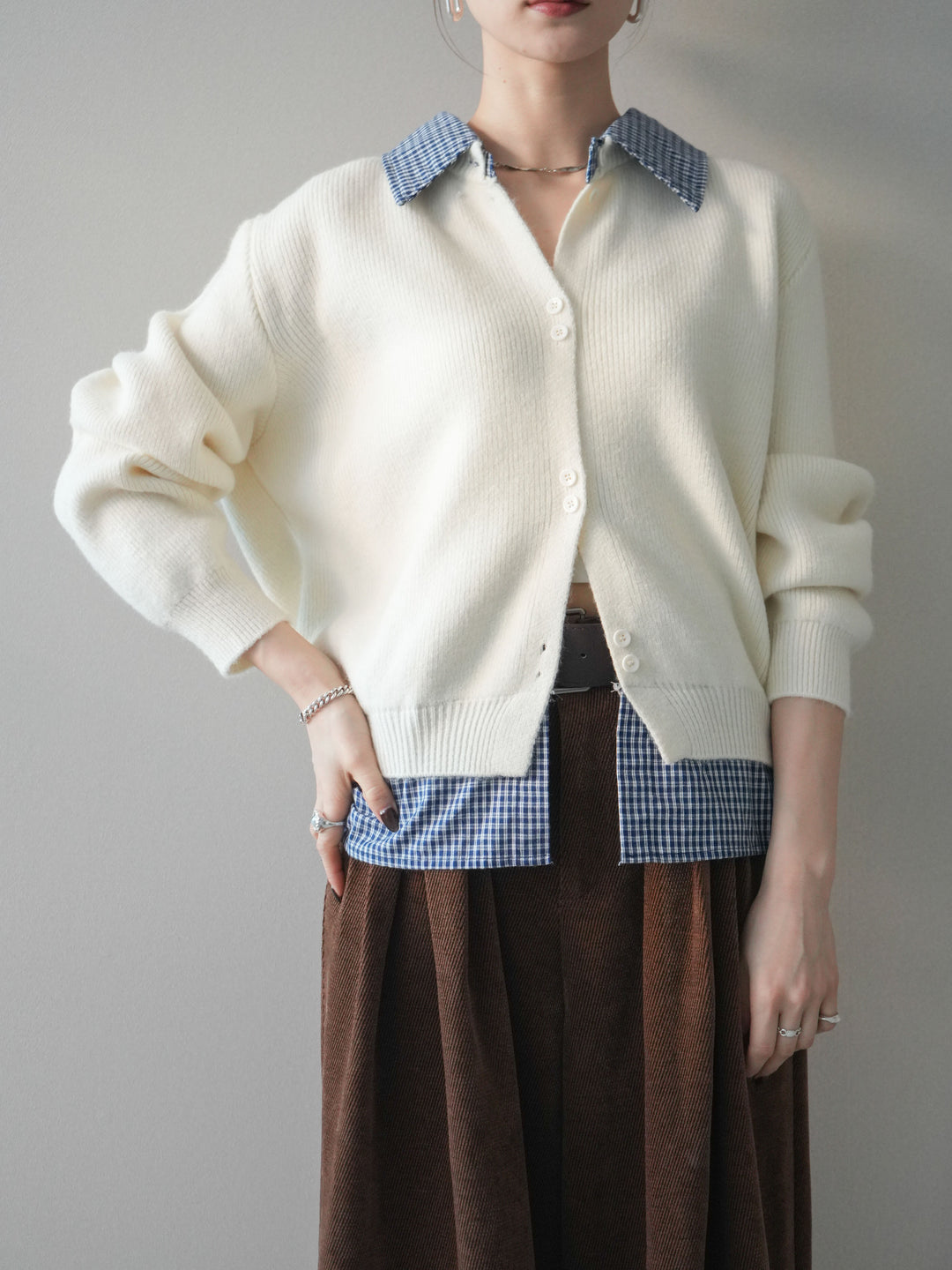 [SET]チェックシャツ襟ニットカーディガン+ベルトデザインループコールテンワイドパンツ(ベルト付き)(2set)