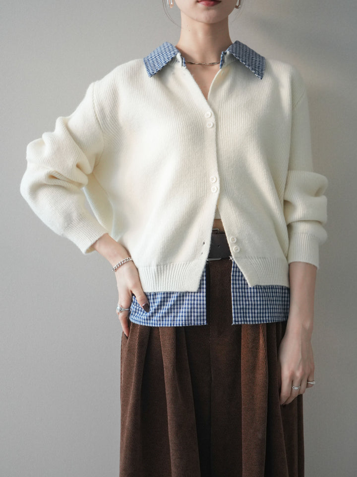 [SET]チェックシャツ襟ニットカーディガン+ベルトデザインループコールテンワイドパンツ(ベルト付き)(2set)