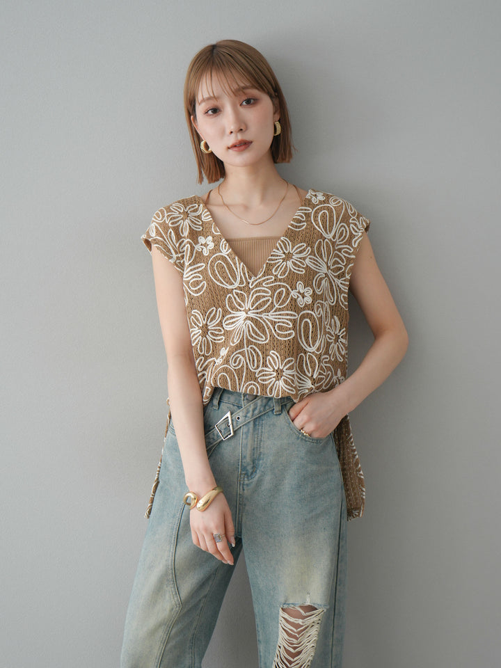 [予約]メッシュコード刺繍ベスト/ベージュ