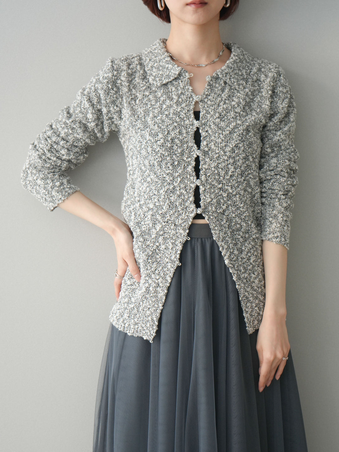 [SET]透かし編みブークレポロニットトップス+チュールボリュームスカート(2set)