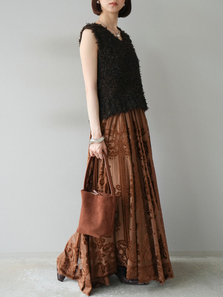 [SET]テープヤーンフリンジニットベスト+アンティーク柄フロッキーマキシスカート(2set)