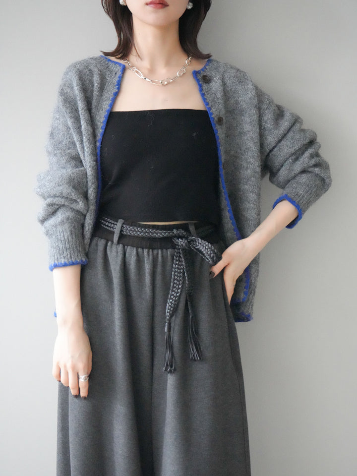 [SET]三角ステッチニットカーディガン+編み込みベルト付きウエスト配色スエットパンツ(2set)