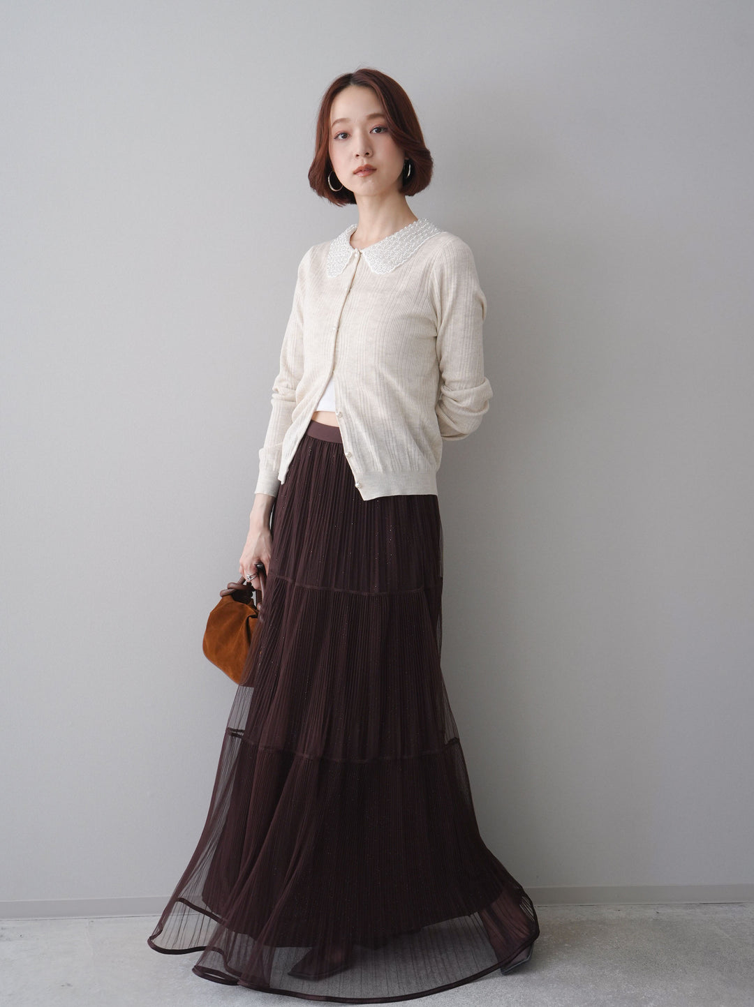 [予約]ラメプリーツレイヤードチュールロングスカート/brown