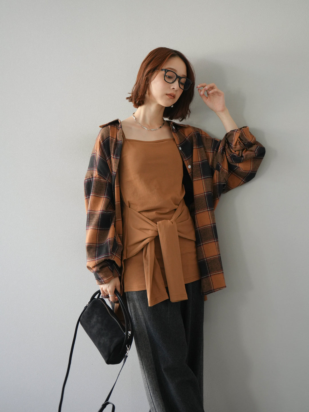 [予約]カップ付キャミ付チェックシャツチュニック/ブラウン