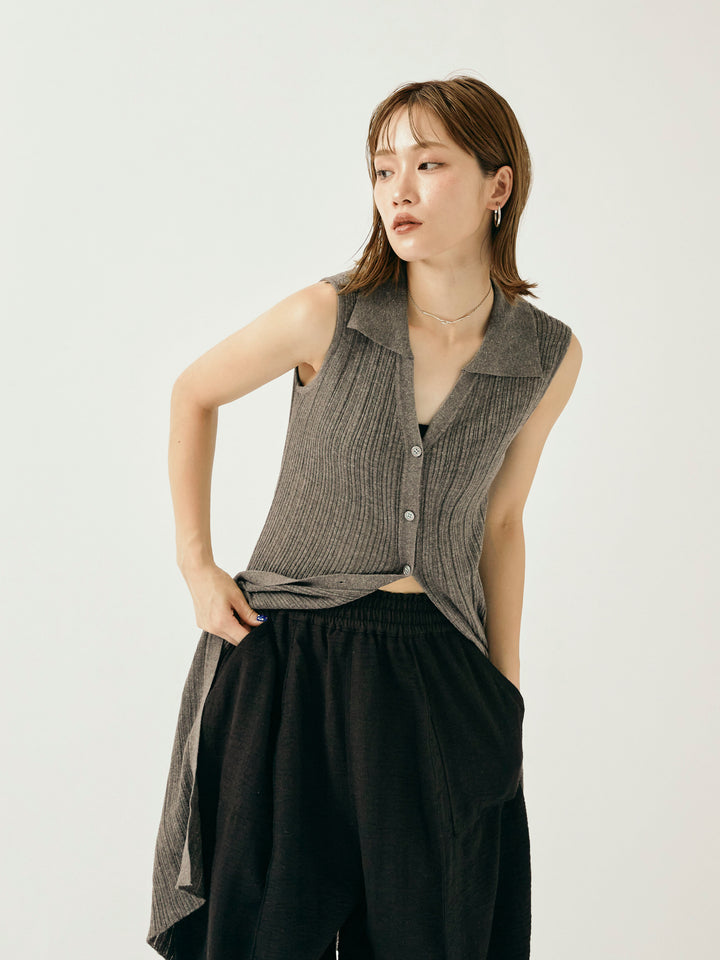 [予約]襟付きランダムリブロングニットカーディガン/グレー