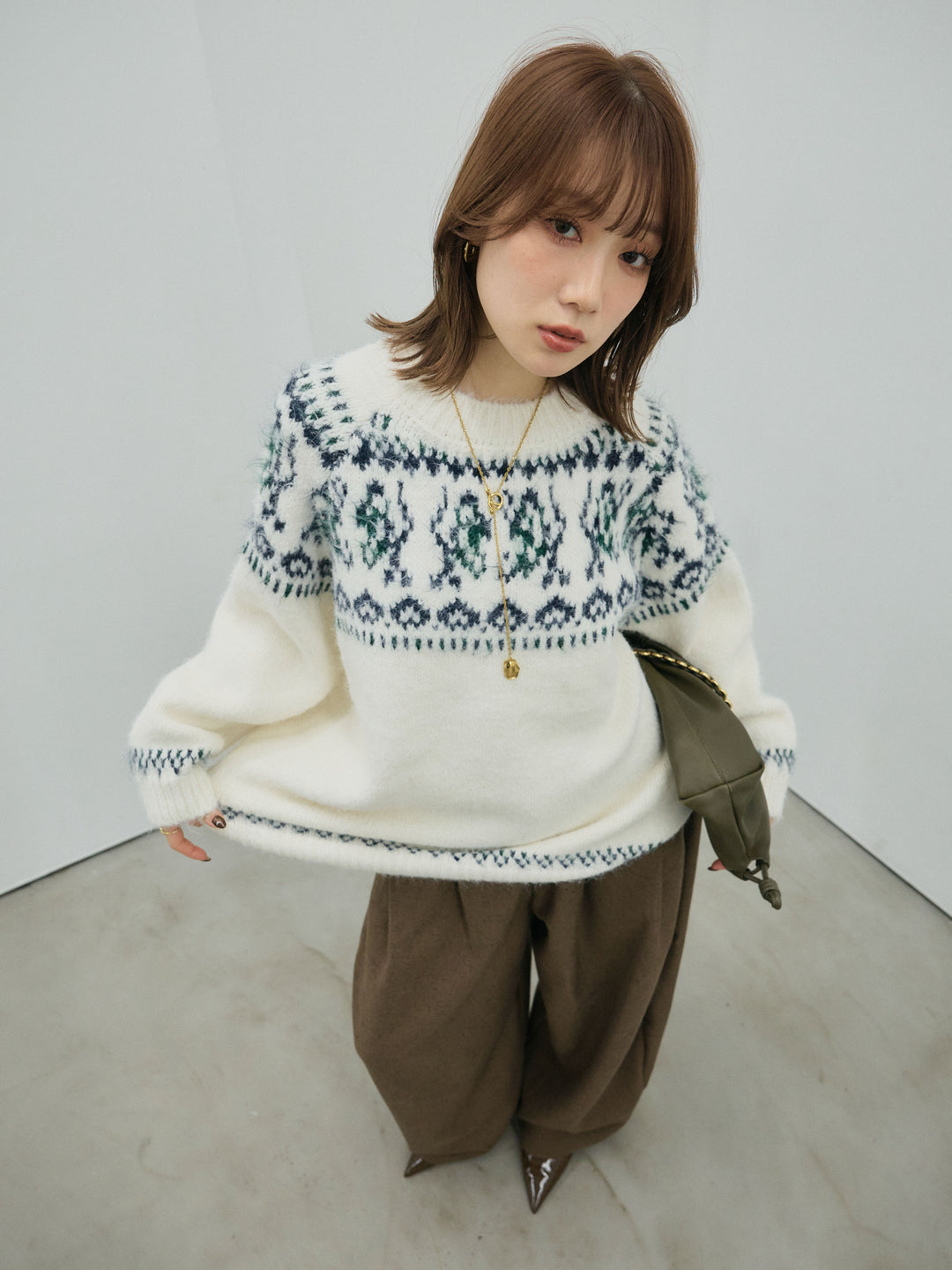 【Allure】[SET]ノルディック柄モックネックオーバニットプルオーバー+モックスカルゼサイドタックコクーンパンツ(2set)