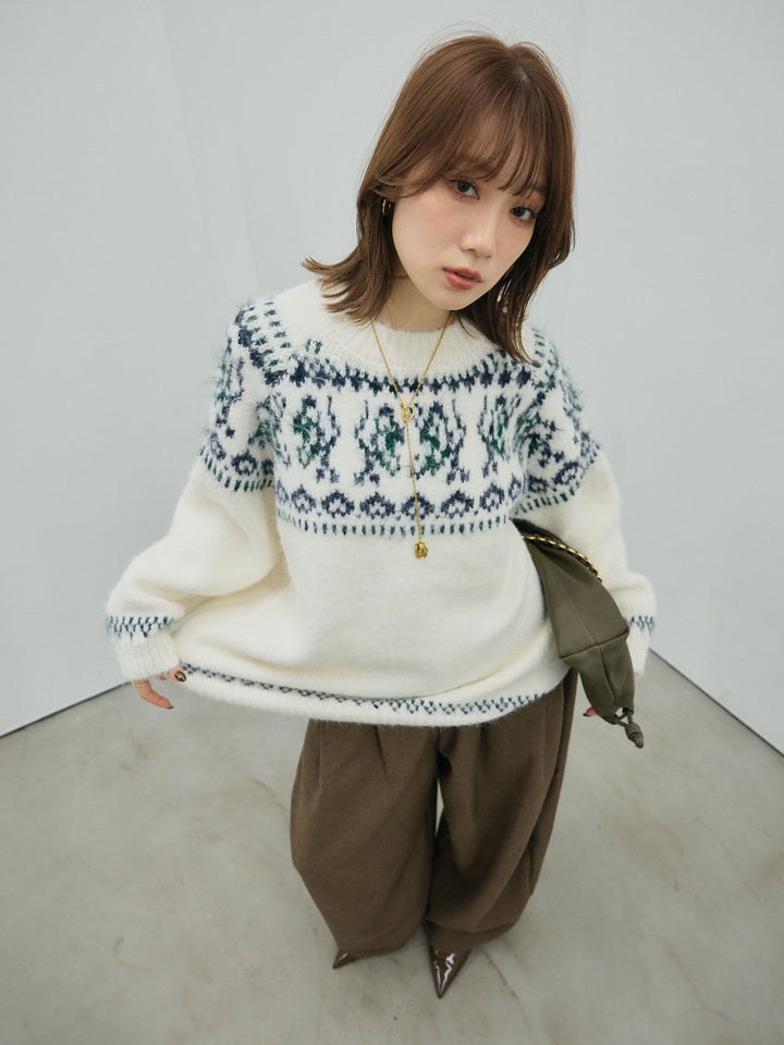 【Allure】[SET]ノルディック柄モックネックオーバニットプルオーバー+モックスカルゼサイドタックコクーンパンツ(2set)