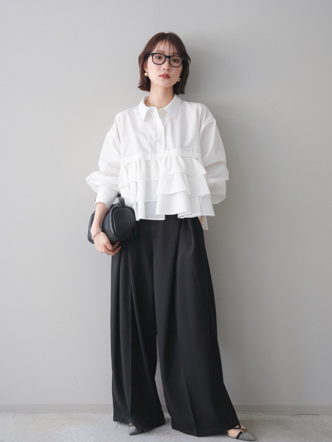 [SET]ブロードティアードショートシャツ+TRツイルデザインタックワイドパンツ(2set)