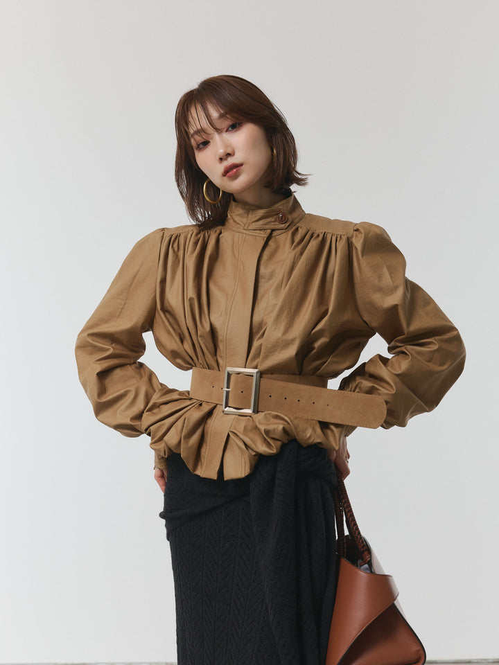 【Allure】[SET]透かし編みニットトップス＆スカート3SET+ベルト付バルーンレザーブルゾン(2set)