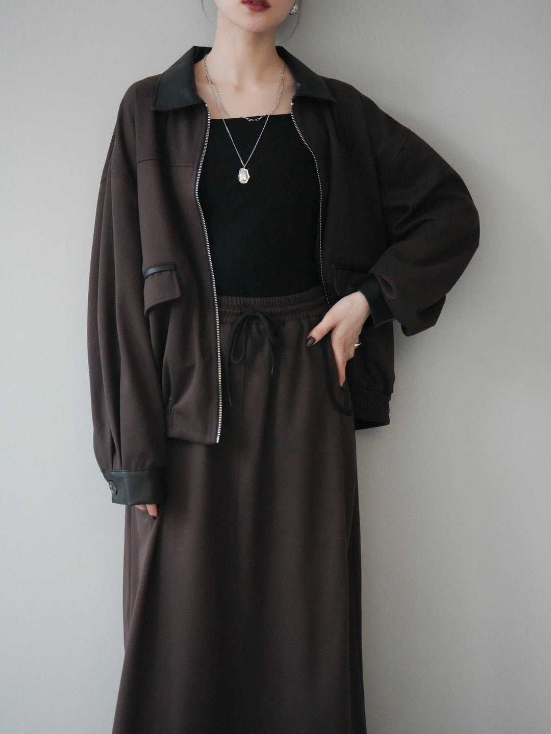 [予約]レザー襟配色パイピングブルゾン/brown