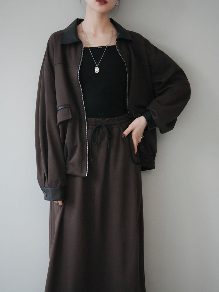 [予約]レザー襟配色パイピングブルゾン/brown