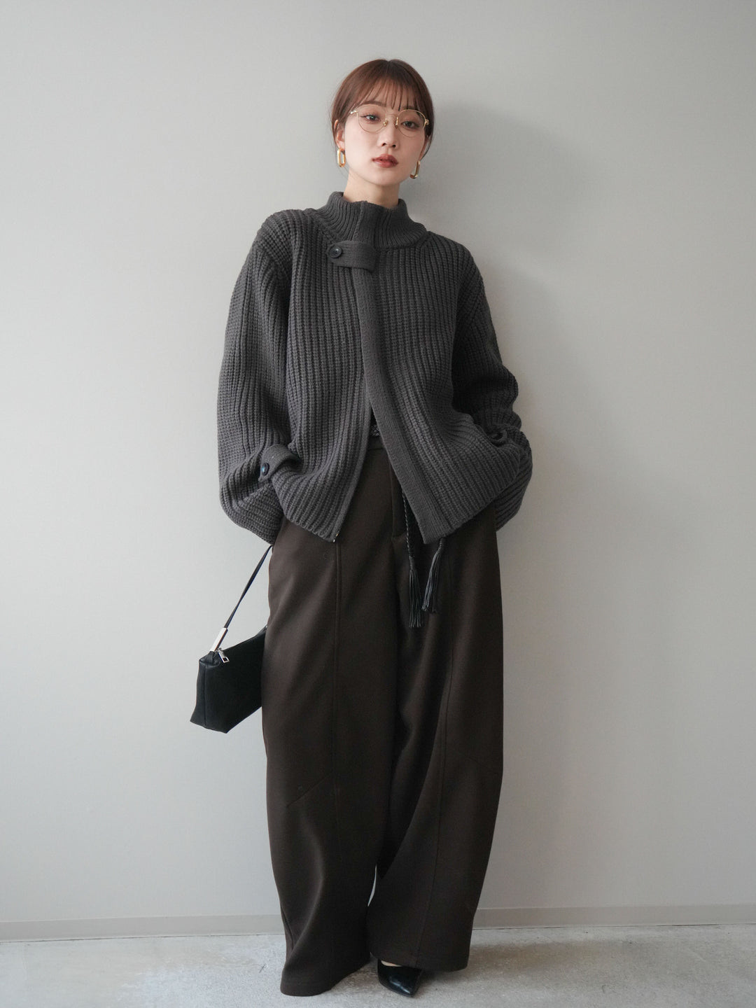 [SET]畦編みボトルネックZIPニットカーディガン+ベルト付裏起毛センターシームカーブパンツ(2set)