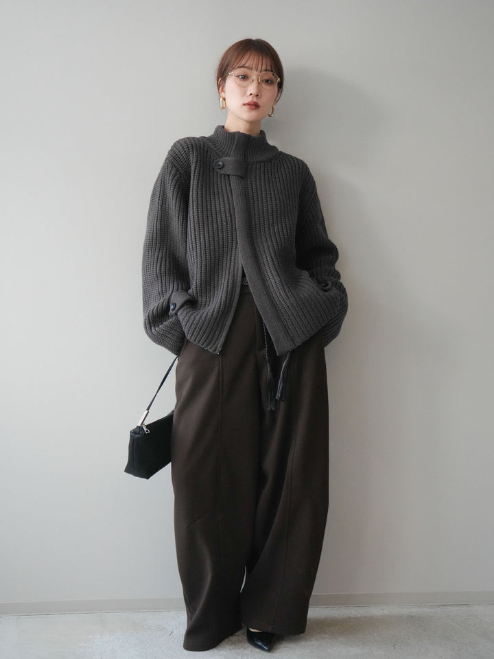 [SET]畦編みボトルネックZIPニットカーディガン+ベルト付裏起毛センターシームカーブパンツ(2set)