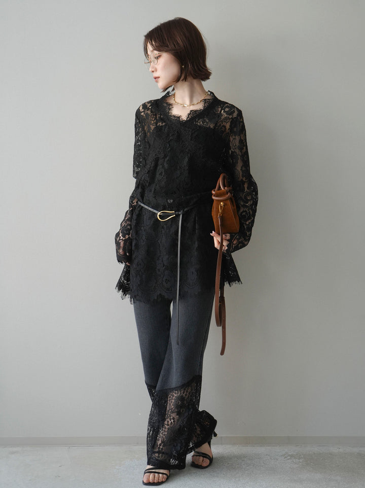 [予約]レース切替フレアデニムパンツ/black