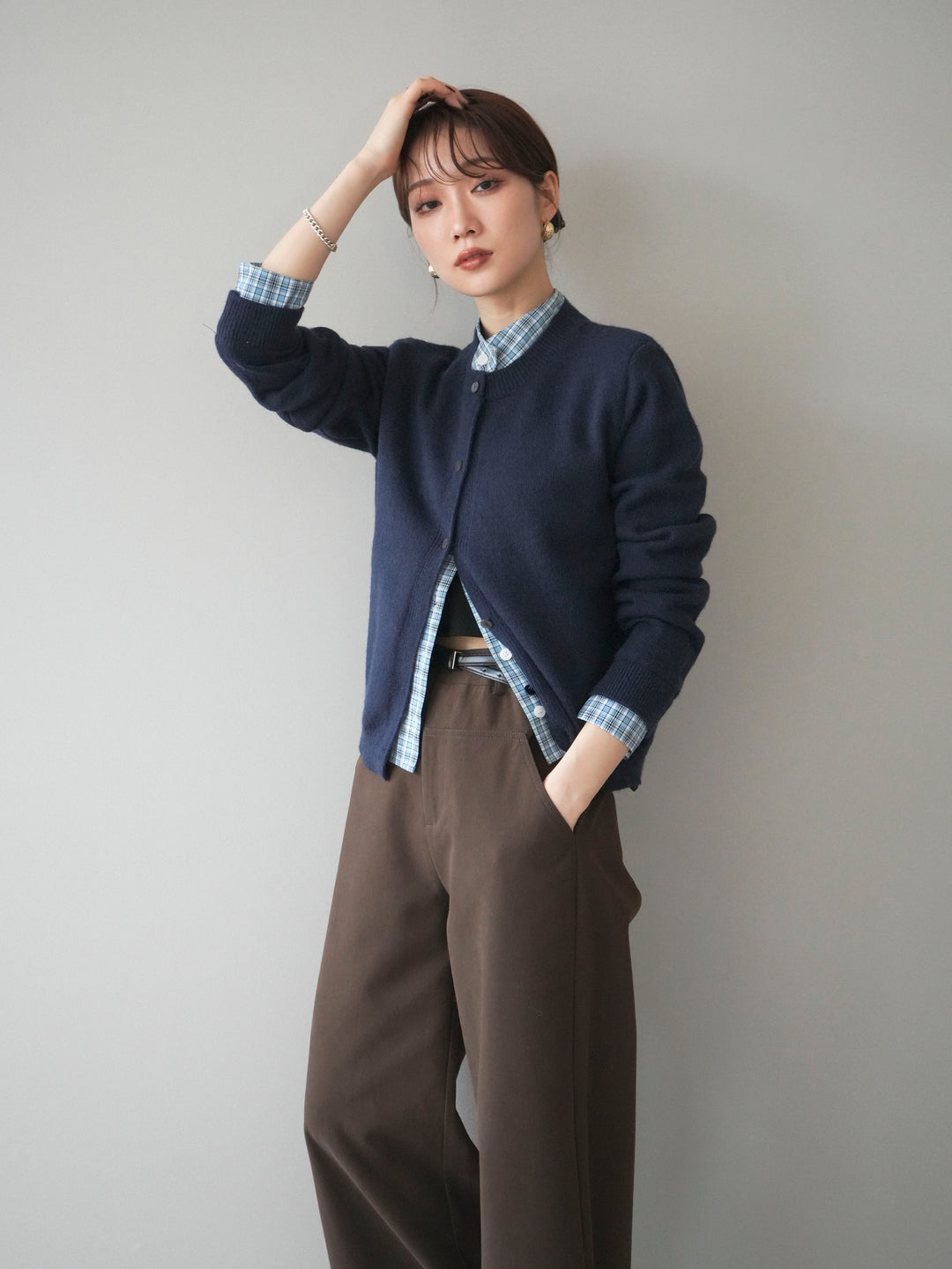 [予約]チェックシャツレイヤードデザインニットカーディガン/navy