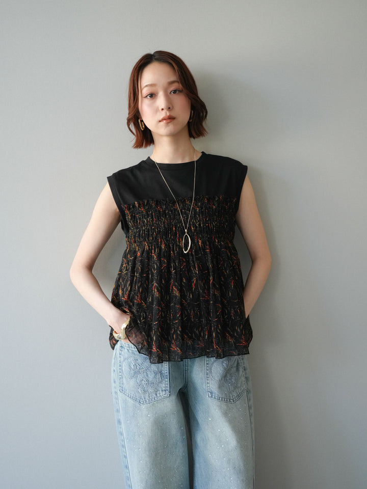 [予約]チュールプリントノースリーブトップス/black