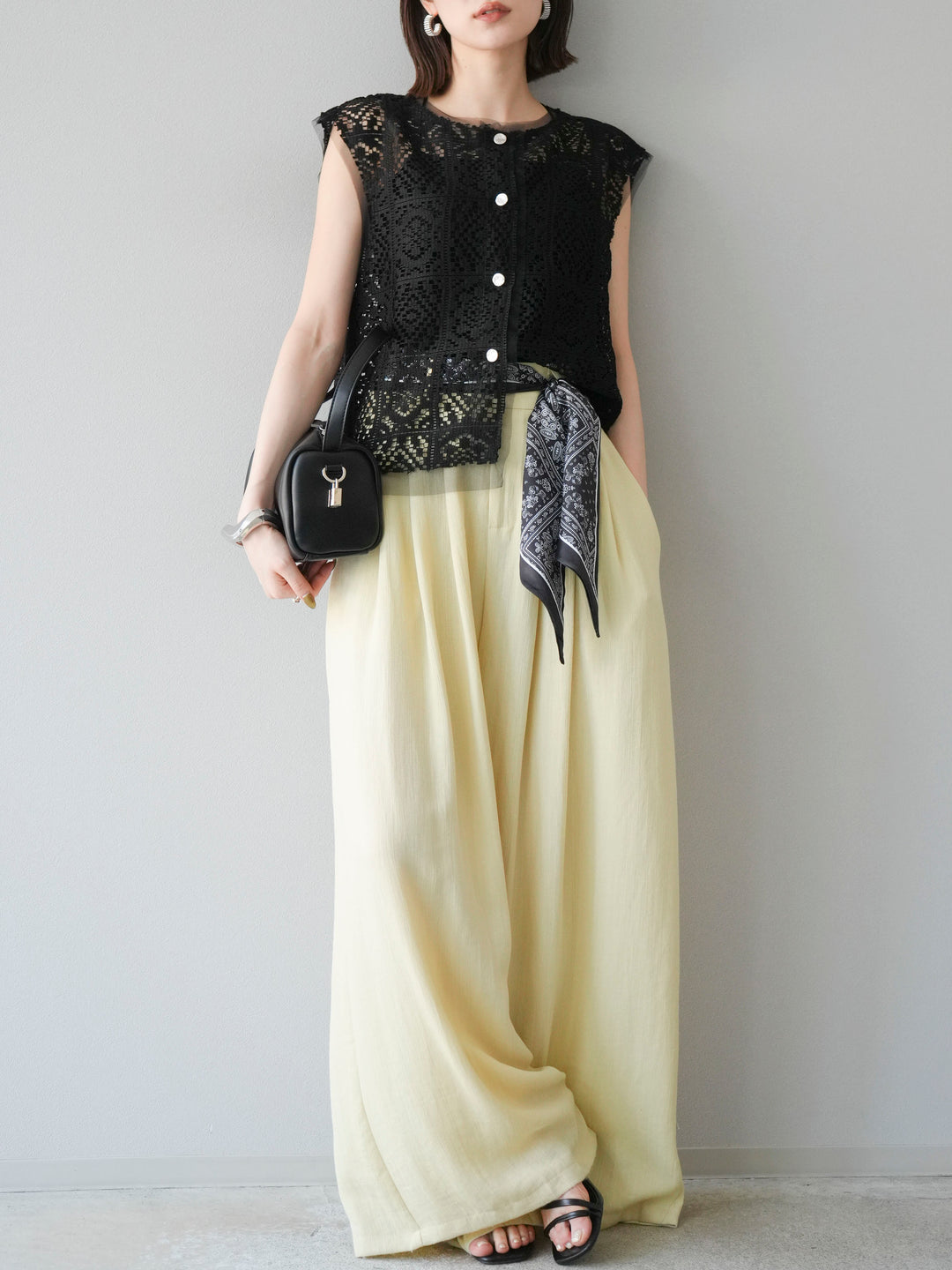 [予約]スカーフベルト付3タックワイドパンツ/イエロー